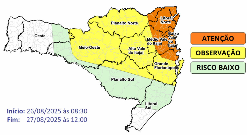 Baixa pressão traz risco de alagamentos e deslizamentos em Santa Catarina entre terça e quarta-feira