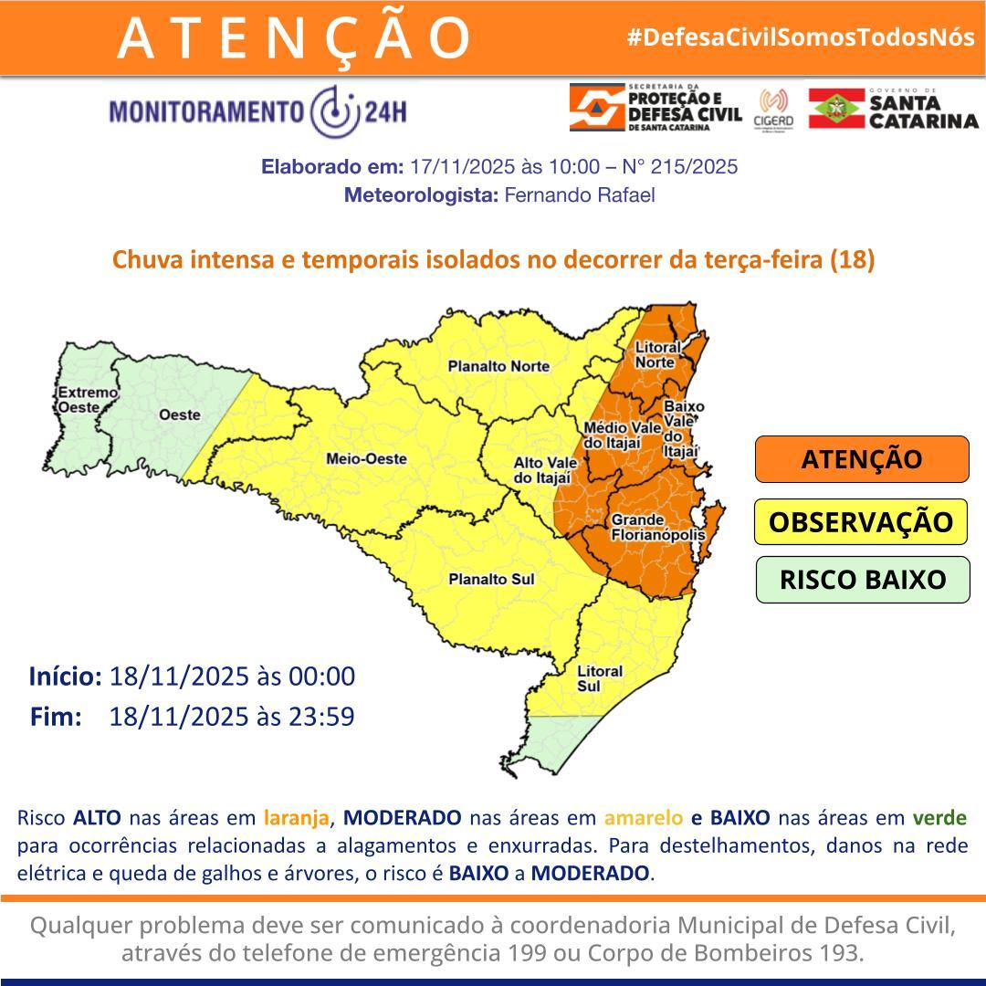 🌧️ Defesa Civil Alerta: Santa Catarina Terá Chuva Intensa e Temporais Isolados na Terça-feira (18)