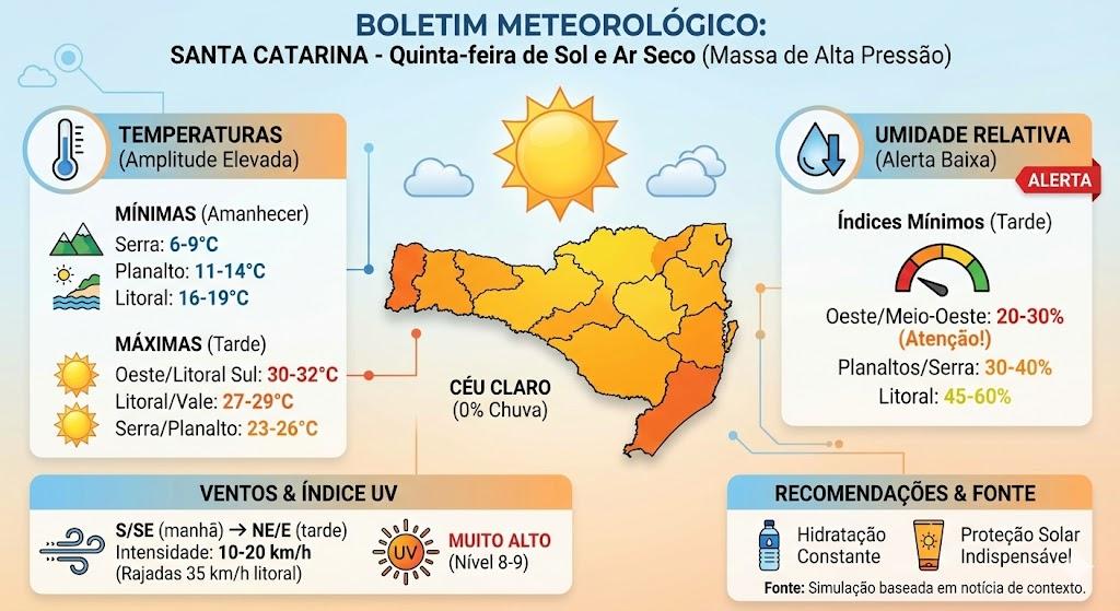 ☀️ Massa de ar seco garante dia ensolarado em Santa Catarina nesta quinta-feira