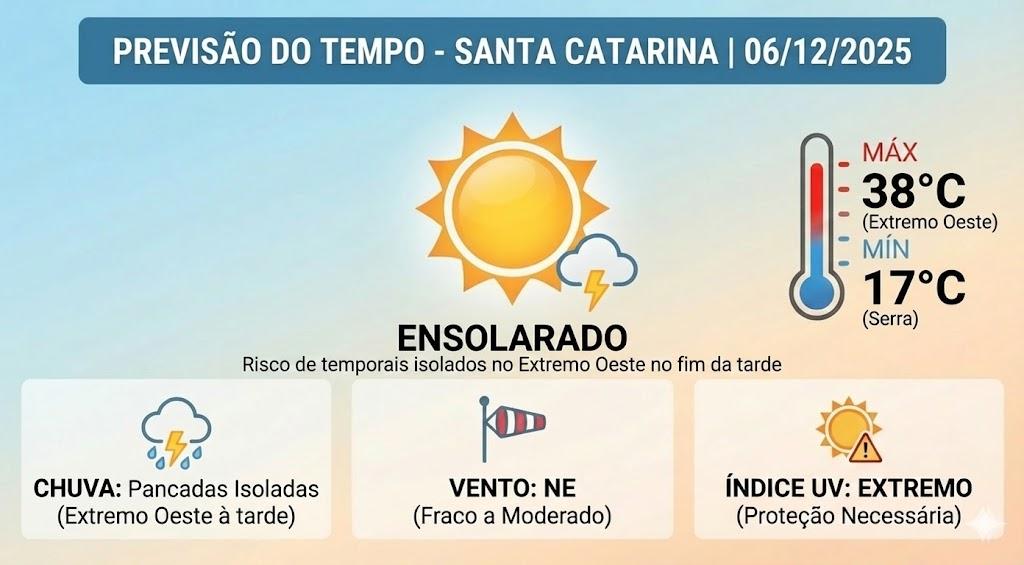 🌡️ Santa Catarina tem sábado de sol e máximas próximas aos 38°C no Extremo Oeste