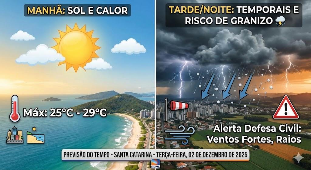 ⛈️ Terça-feira de instabilidade: SC tem alerta para temporais e queda de granizo 