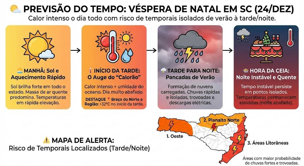 🌡️ Véspera de Natal em SC será marcada por calorão e risco de temporais isolados