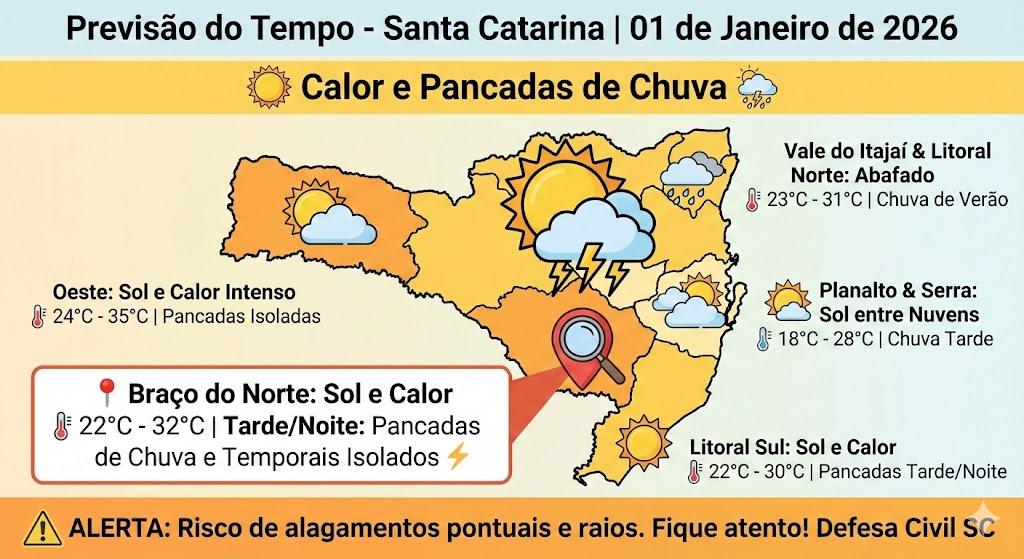 🌦️ Calor e pancadas de chuva marcam a chegada de 2026 em Santa Catarina