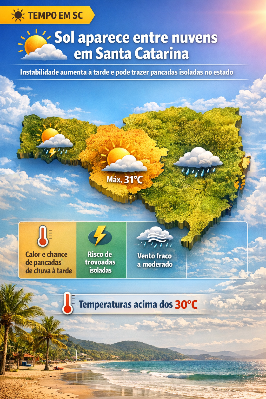 🌤️ Sol aparece entre nuvens em Santa Catarina