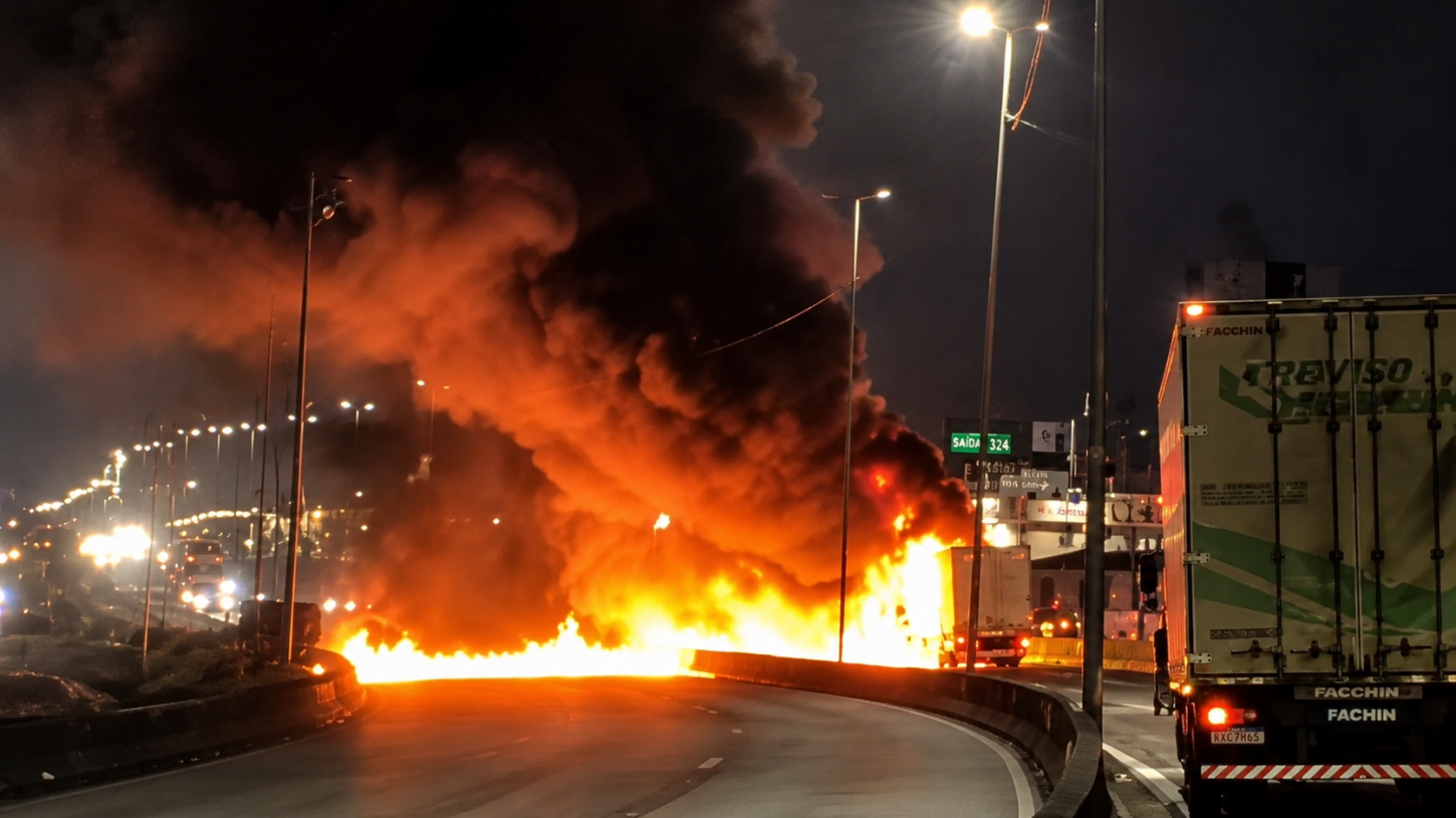 🚚 Incêndio destrói caminhão de carne e fecha totalmente a BR-101 em São José