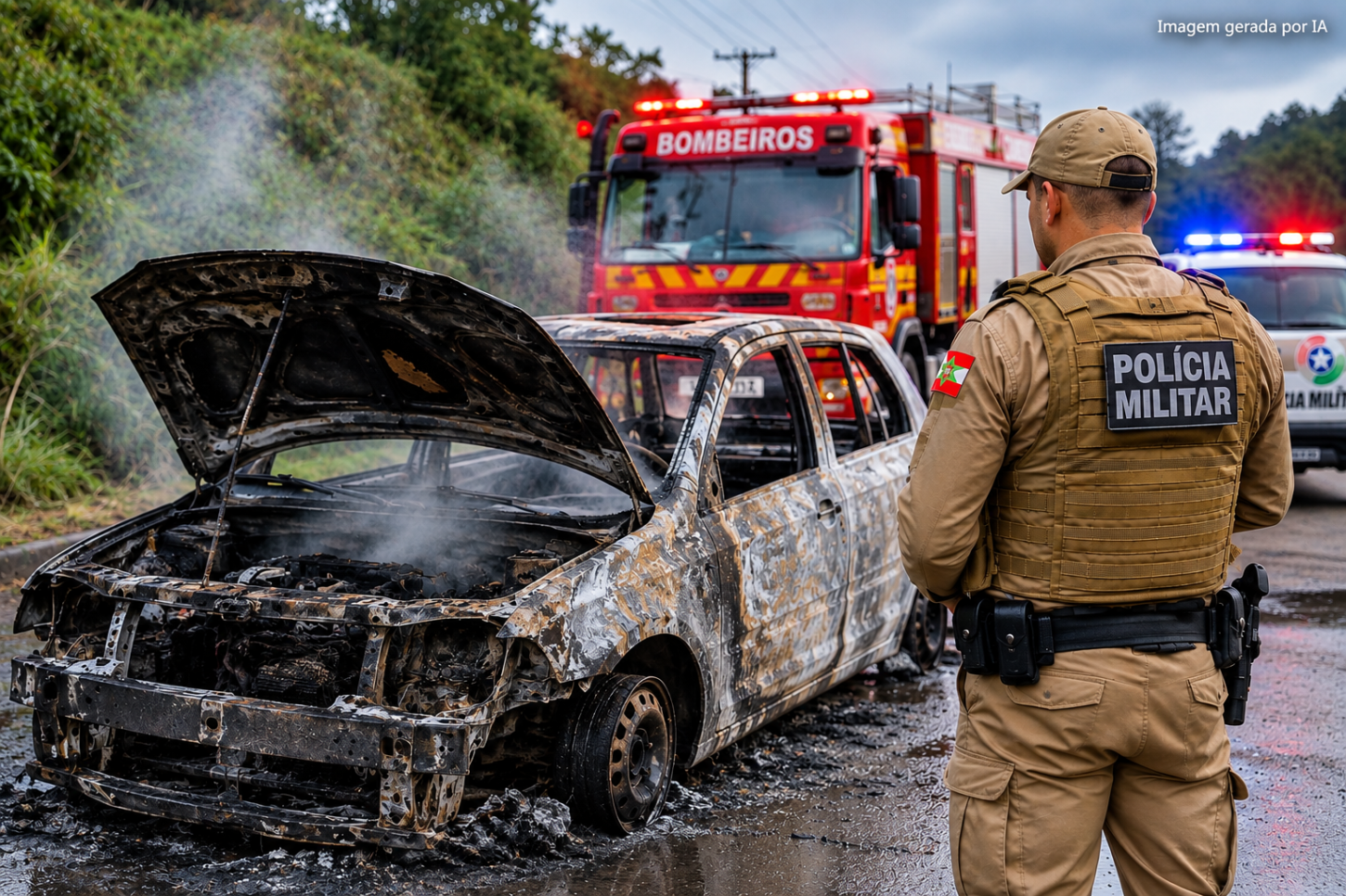 Carro pega fogo e mobiliza Corpo de Bombeiros e PM no bairro Uruguaia