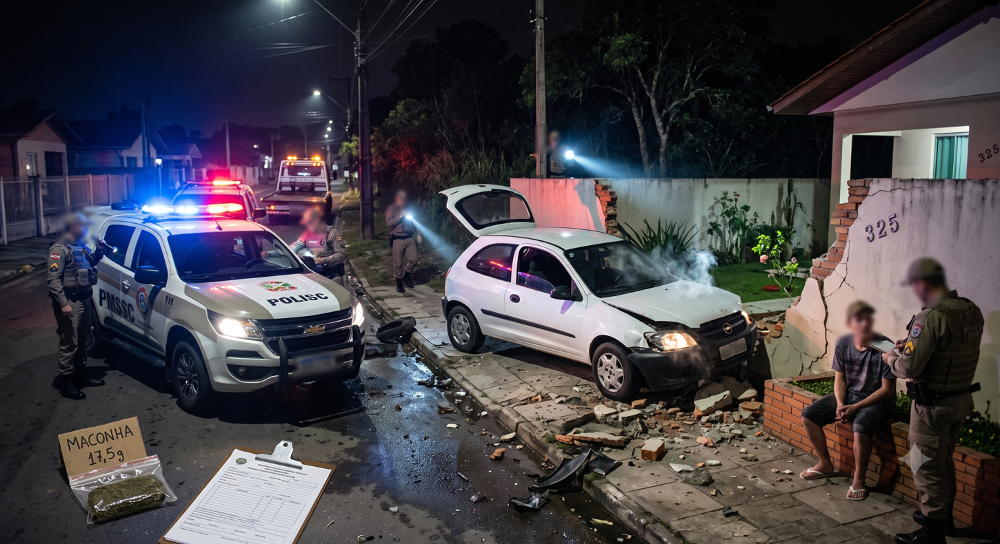 Motorista foge da PM, bate muro de residência e abandona droga em Tubarão