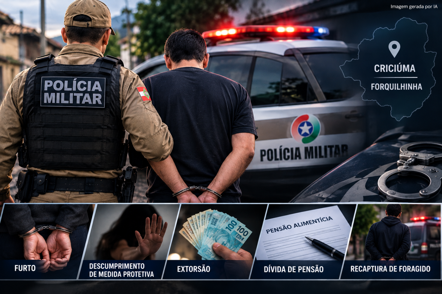 Operações do 9º BPM resultam em prisões por furto, descumprimento de medida protetiva, extorsão, dívida de pensão e recaptura de foragido
