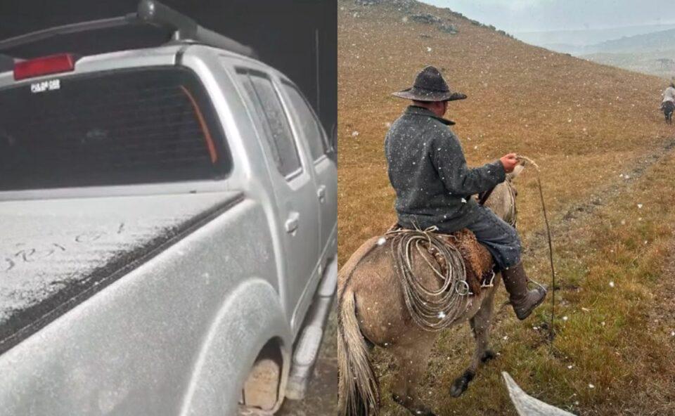 Queda drástica de temperatura provoca neve e chuva congelada na Serra Catarinense e no Rio Grande do Sul