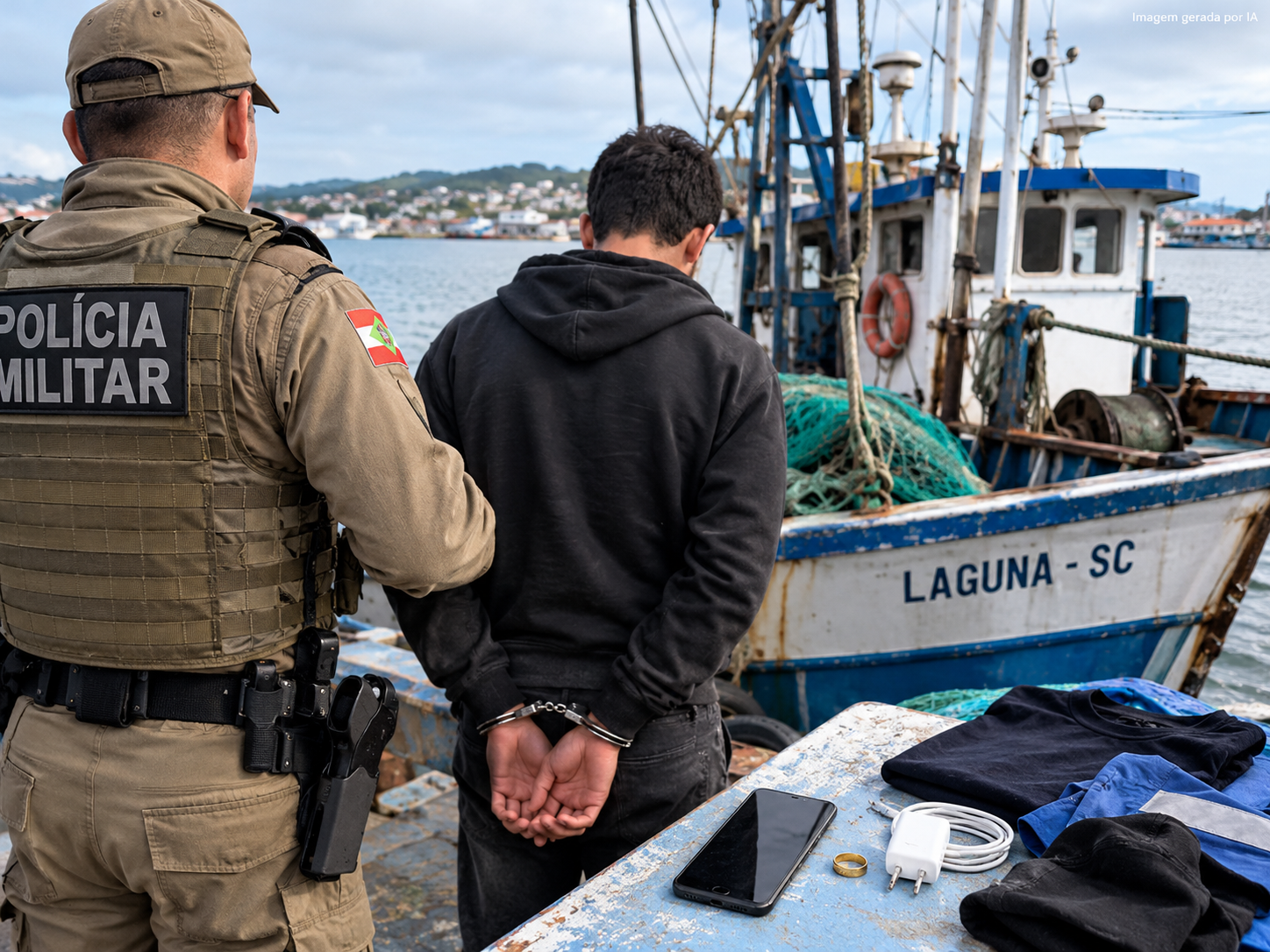 Homem de 23 anos é detido após furtar celular, anel de ouro e roupas de tripulante em Laguna