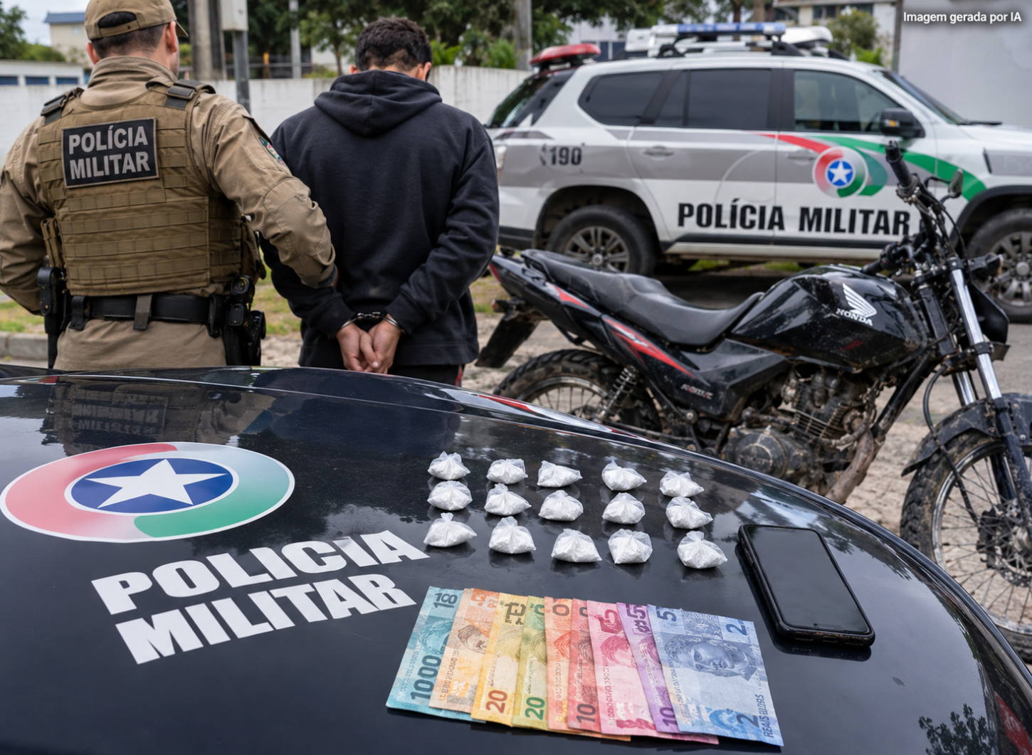 Jovem tenta fugir da PM de moto, sofre queda e acaba preso por tráfico de drogas