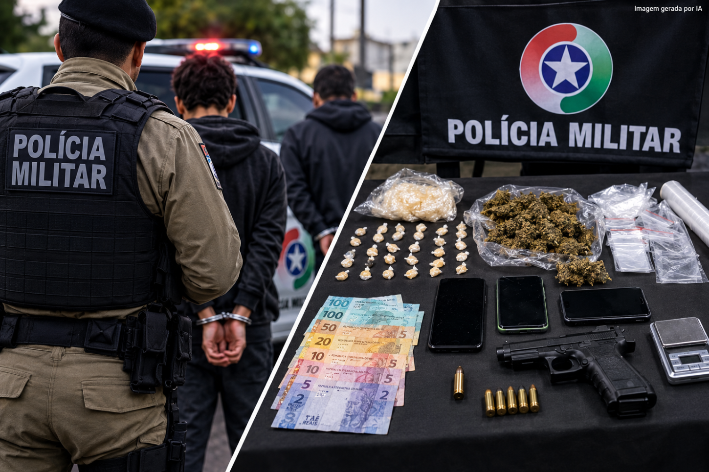 PM apreende adolescentes por tráfico e prende dupla com drogas, simulacro e munição em Tubarão e Laguna