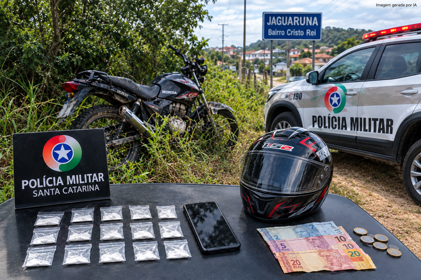 Prejuízo em dobro: suspeito abandona moto, pó, celular e... R$ 34 após tentar fugir da PM em Jaguaruna!