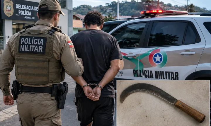 Homem é preso com foice após agredir e ameaçar companheira em Imbituba