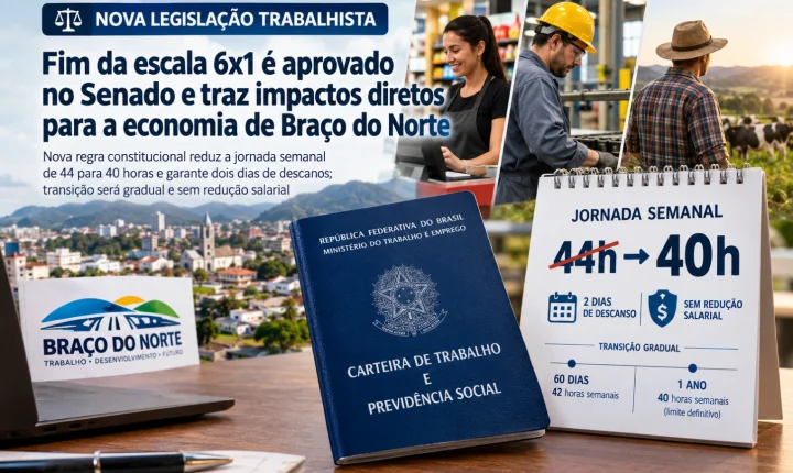 NOVA LEGISLAÇÃO TRABALHISTA - Fim da escala 6x1 é aprovado no Senado e traz impactos diretos para a economia de Braço do Norte