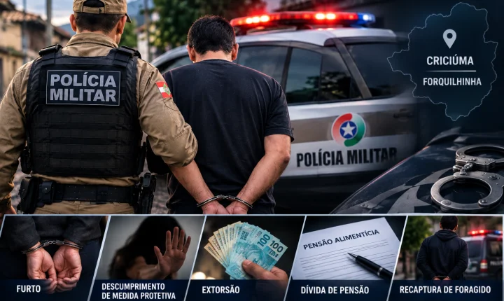 Operações do 9º BPM resultam em prisões por furto, descumprimento de medida protetiva, extorsão, dívida de pensão e recaptura de foragido