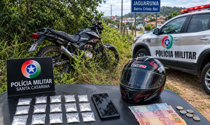 Prejuízo em dobro: suspeito abandona moto, pó, celular e... R$ 34 após tentar fugir da PM em Jaguaruna!