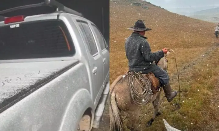 Queda drástica de temperatura provoca neve e chuva congelada na Serra Catarinense e no Rio Grande do Sul