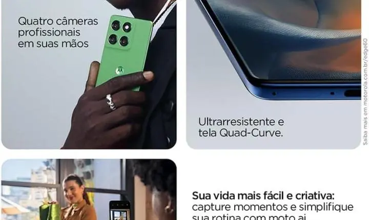 📲 Smartphone Motorola Edge 60 5G - 512GB 24GB (12GB RAM+12GB Ram Boost) Tela Quad-Curve moto AI 50MP Sony Camera ultrarresistencia militar IP68 + IP69 - Azul Marinho